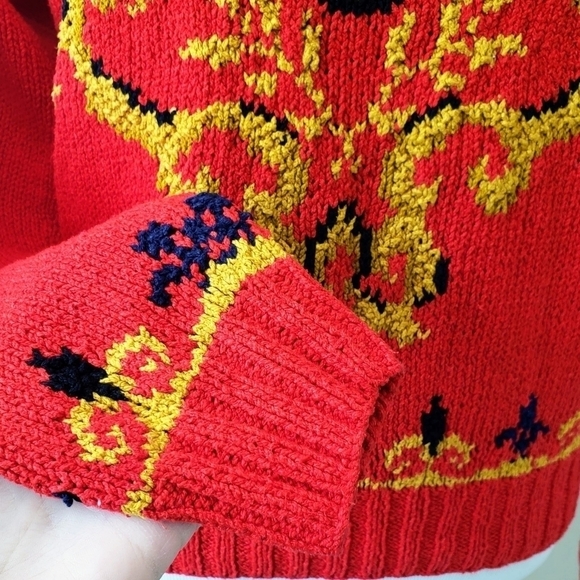 Vintage Liz Claiborne Red Gold Silk Cotton Ornate Regency Turtleneck Sweater M - Picture 3 of 8